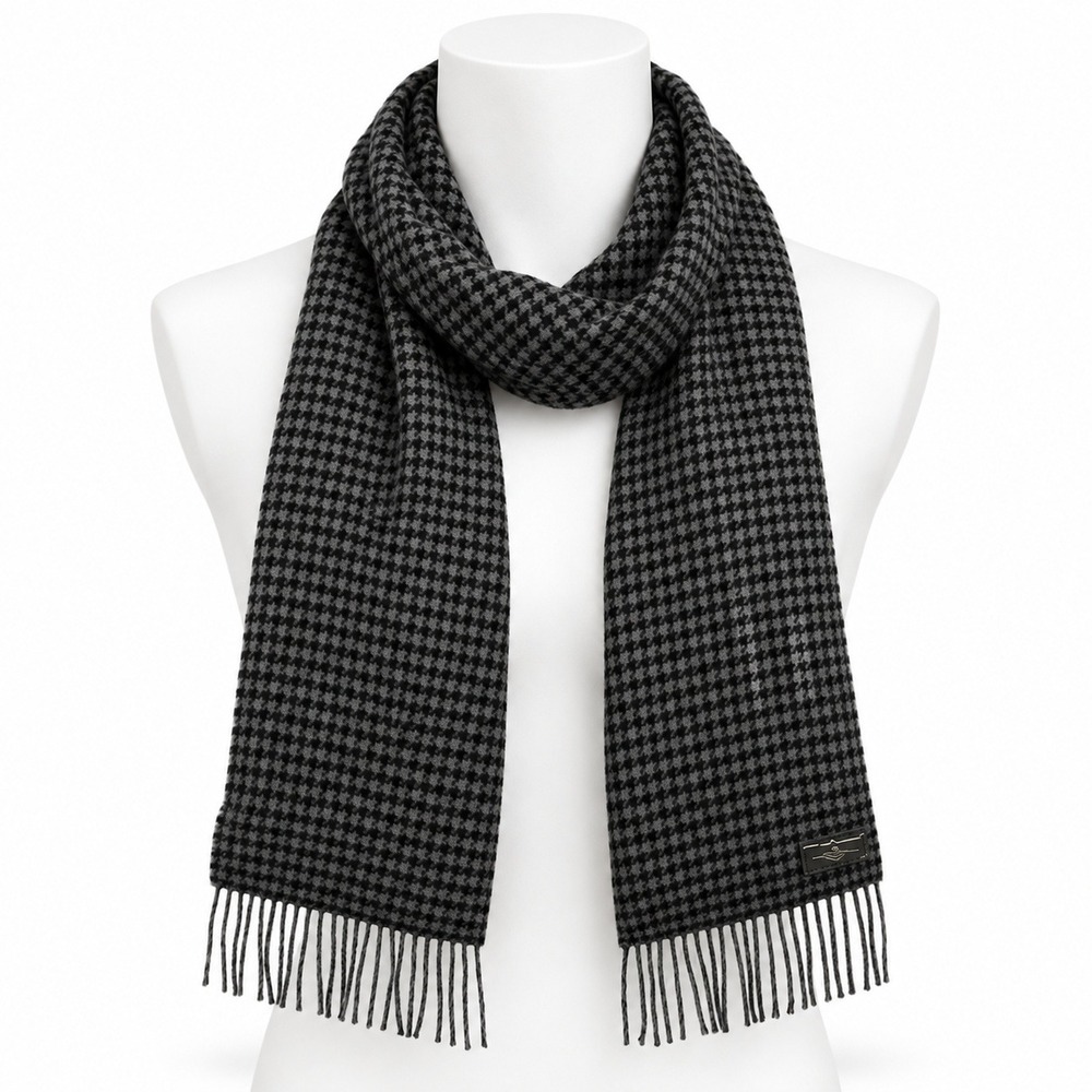 D&Y Scarf Unisex Black Grey Houndstooth Softer Than Cashmere Winter Fringe